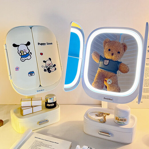 Mirror makeup mirror with light desktop desktop led makeup mirror home bedroom folding mirror student birthday gift female cream white