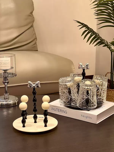 Yusenyi Bow Rotating Glass Cup Holder Water Cup Set Home High Temperature Resistant 2023 New Light Luxury Transparent Juice Cup 6 Cups with Rotating Cup Holder Cream Silver