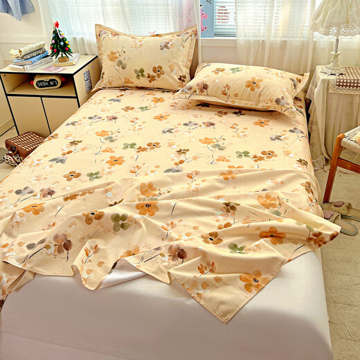 Yalu Class A pure cotton thickened brushed autumn and winter sheets single piece 100% cotton single student dormitory pillowcase three-piece set Jinghong-Orange four seasons universal cotton brushed 200*230cm single sheet