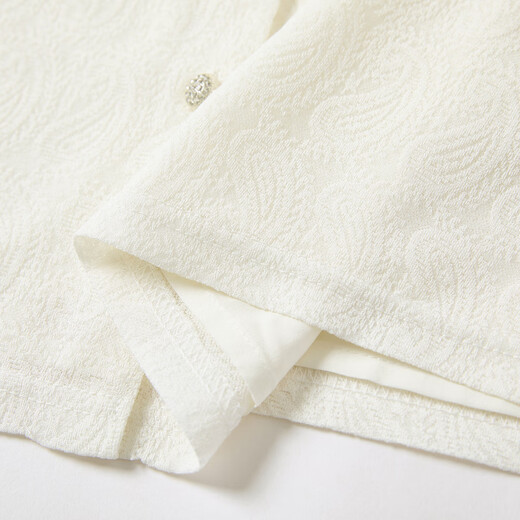 Xiangying white v-neck ribbon shirt for women 2026 spring new textured jacquard splicing long-sleeved loose shirt Lubai S 155/80A/85-95Jin Jin equals 0.5 kg