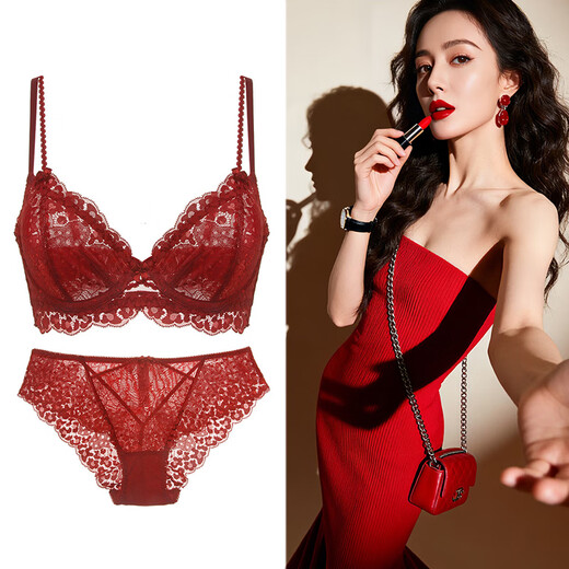Victoria Palace Sexy Underwear Floral Lace Ultra-Thin Sponge-free Gathering Breasts Women's New Year Red Bra Cover Black Set Bra + Underwear 70C/32C with S Size Underwear