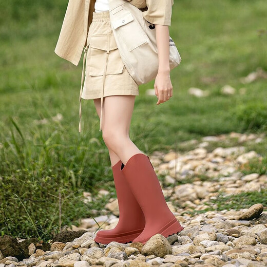 雨鞋女款2026时尚水鞋户外登山赶海雨靴防水防滑工作鞋徒步鞋S480 浅棕色 （高筒） 37