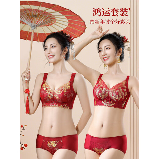 Triumph Angora Red Underwear Women's Small Breast Push Up Thick Embroidered Bra New Year Wedding Bridal Bra Set Good Things Come Again - Set Angora Red M 36/80A Top Thin Thick Bottom 2.5c