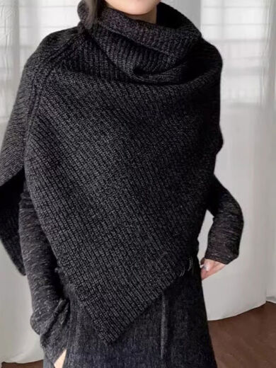 Dark gray high collar knitted scarf women's French winter layered slit pullover shawl cloak thick dark gray