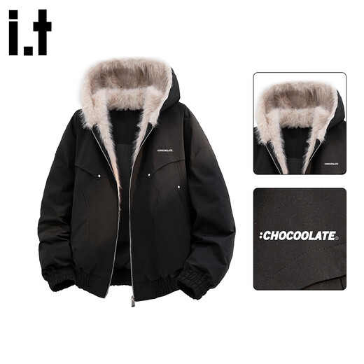 CHOCOOLATE it American retro black loose fur collar cotton jacket for men winter new warm outdoor casual versatile jacket black M recommended 90-125Jin Jin equals 0.5 kg
