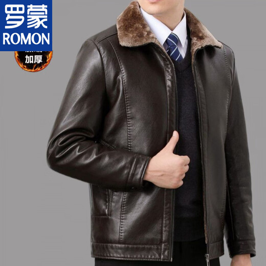 ROMON fur integrated autumn and winter leather jacket for men Haining authentic middle-aged and elderly plus velvet large size dad leather jacket black warm plus velvet M recommended 110Jin Jin is equal to about 0.5 kg