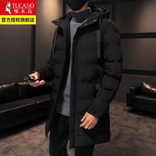 Woodpecker (TUCANO) down jacket winter men's mid-length coat to prevent cold and warm cotton jacket thickened youth hooded cotton coat men's fashion black XL