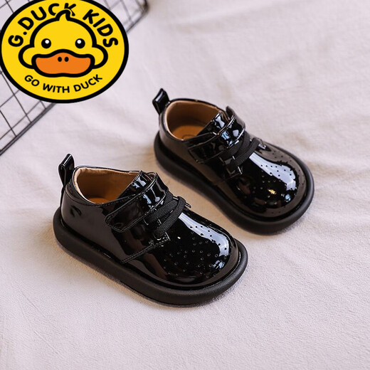 G.duck little yellow duck handsome one year old small leather shoes baby 1-2-3 years old versatile good-looking shoes baby toddler shoes spring and autumn soft black single Velcro 15 / inner length about 11.5cm