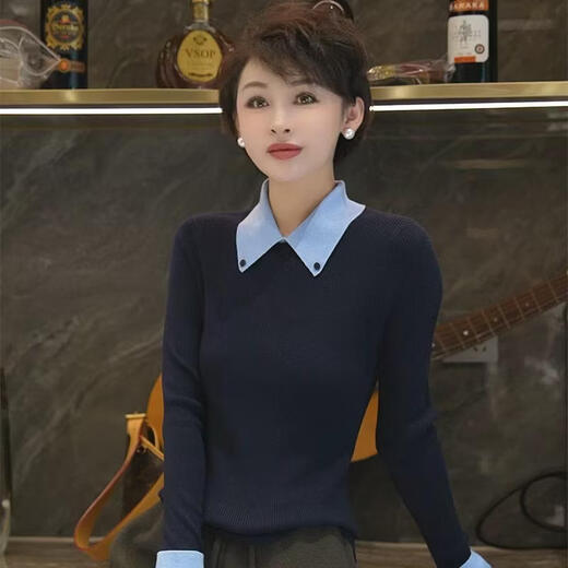Light luxury quality, fashionable design, elegant lapel sweater, versatile, slimming and age-reducing polo collar top base, navy M (recommended 90-120 Jin Jin equals 0.5 kg)