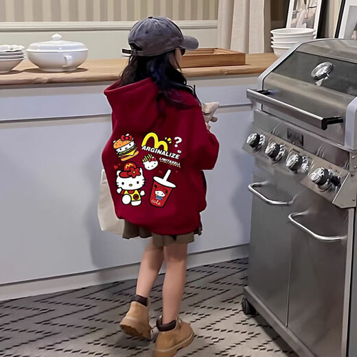 Wooden house red sweatshirt for girls, thickened and velvet, loose children's primary school class uniform, hooded cotton dance hiphop top, hooded burgundy M cat spring and autumn thin style 110 recommended height 100-110CM
