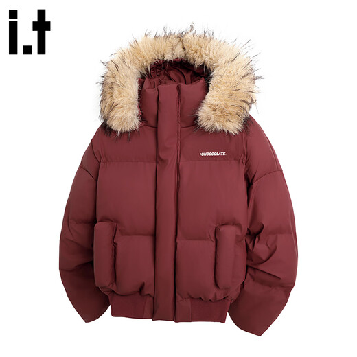 CHOCOOLATE it red fur collar hooded casual versatile bread coat men's winter warm and cold-proof loose cotton jacket red 3XL recommended 165-185Jin Jin equals 0.5 kg