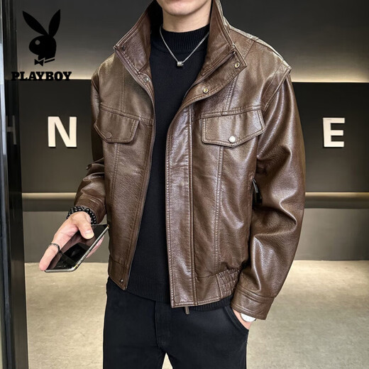 Playboy (PLAYBOY) Haining Motorcycle Leather Jacket Business Casual Lapel New Trendy Handsome Slim Men's Leather Jacket Short Style Brown 4XL Recommended 170-190 Jin Jin equals 0.5 kg