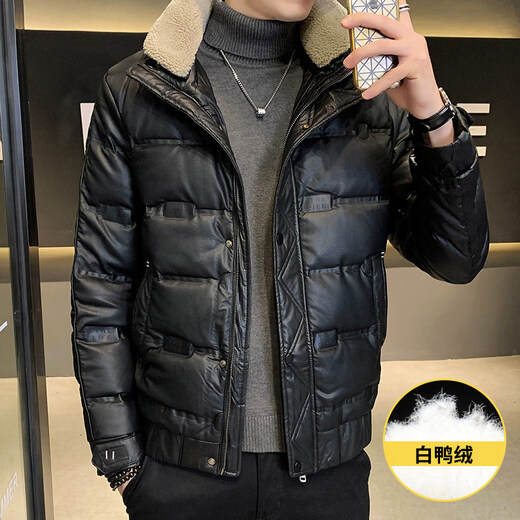 KBXNG劲霸冬季新款皮衣羽绒服男短款修身羊羔毛领夹克加厚保暖外套潮流 黑色(可拆卸毛领) L 90到105斤