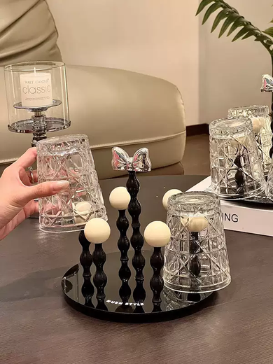 Yusenyi Bow Rotating Glass Cup Holder Water Cup Set Home High Temperature Resistant 2023 New Light Luxury Transparent Juice Cup 6 Cups with Rotating Cup Holder Cream Silver