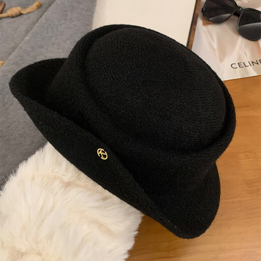 Jiaojing Hat Qianjin Style Retro Knitted Curly Top Hat Fisherman Hepburn Style Elegant Women's Autumn and Winter Mountaineering Hat Basin Hat Upgraded and Thickened Qianjin Retro Top Hat (Dark Black)
