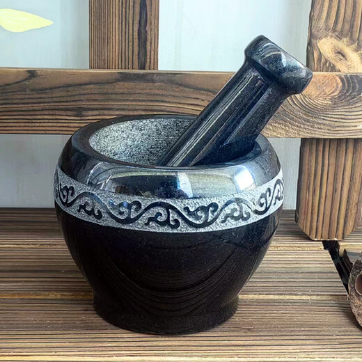 MPPMCK black gold stone mortar garlic pounder medicine jar stone household medicine mortar stone garlic mortar small grinder stone Gu mortar diameter 13CM