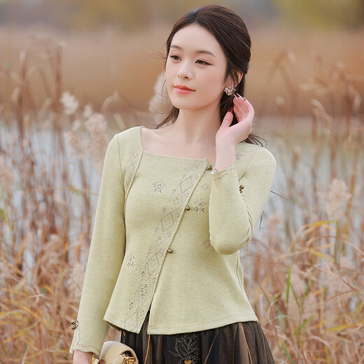 Fireworks perm national style design bottoming shirt women's sweater spring 2026 new temperament embroidered top JY Su Wan yellow green S