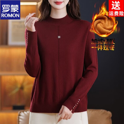 ROMON thickened one-piece velvet, western style, age-reducing, warm base layer, hot style in autumn and winter, loose, slimming, versatile knitted sweater for moms, red M