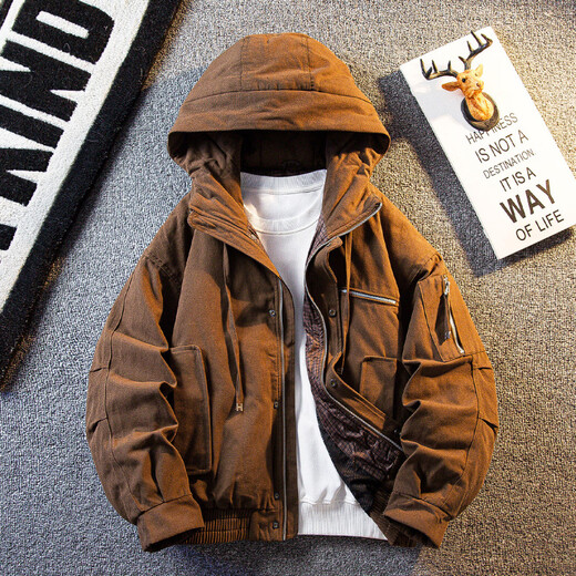 Playboy Cotton Workwear Down Jacket Men's Winter Warm White Duck Down Men's Hunting Flight Jacket Brown 3XL (186-205Jin Jin equals 0.5kg)