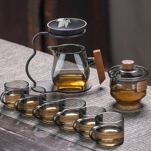 He Jiagong tea drain, tea drain, tea filter, glass fair cup, one-piece tea house tea spacer, tea brewing ceramic non-porous filter bracket, black pottery tea drain set + Guanshan male cup (ash) + rain shower bowl