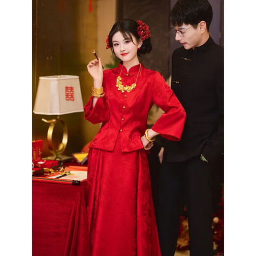 Wanzhuang New Chinese Style Red Toasting Wear Women's Autumn Two-piece Set Red Set S