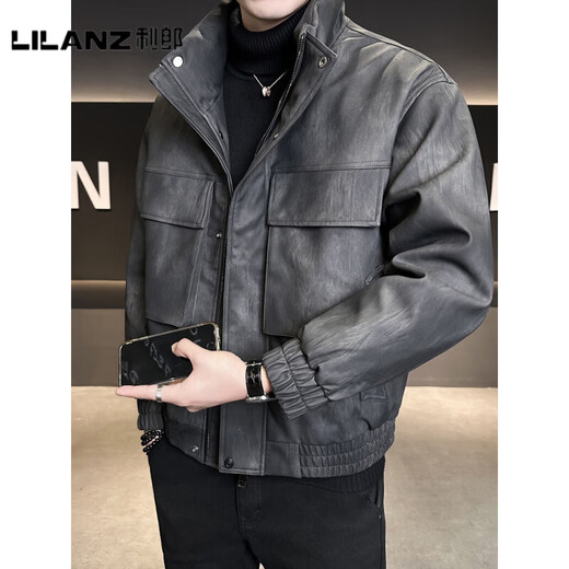 LILANZ official leather down jacket men's winter stand-up collar trendy brand 2025 new casual big pocket American retro thickened winter coat brown-flagship model M 100-130Jin Jin is equal to about 0.5 kg