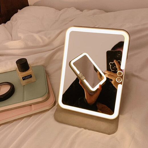 MOLA.Boat. LED make-up mirror with light, home desktop, make-up light, small mirror, portable | Weizhou beige small make-up mirror