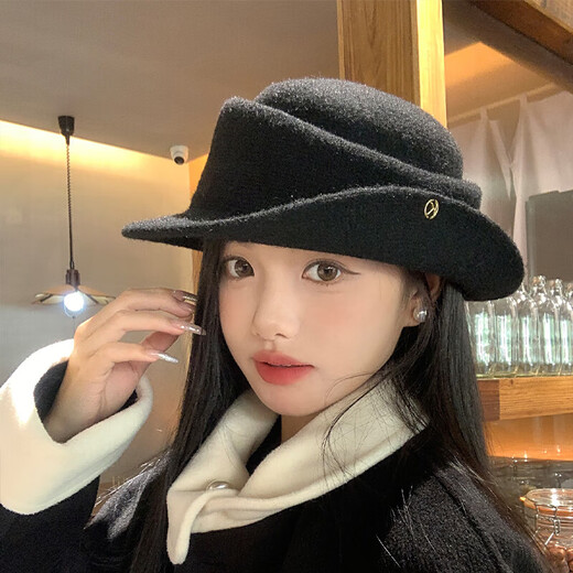Jiaojing Hat Qianjin Style Retro Knitted Curly Top Hat Fisherman Hepburn Style Elegant Women's Autumn and Winter Mountaineering Hat Basin Hat Upgraded and Thickened Qianjin Retro Top Hat (Dark Black)