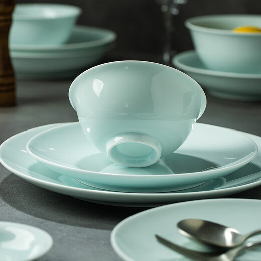 Tuojin Jingdezhen high temperature shadow celadon dishes and spoons free combination rice bowl noodle bowl round plate household tableware gift porcelain 8.5 inch soup bowl 1 piece