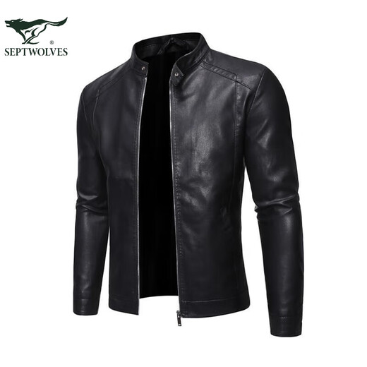 Septwolves Recommended by Yangma Spring and Autumn Thin Stand Collar Simple Large Size Casual Slim Leather Jacket Men's Fashion Velvet Motorcycle PU Black Thin M _Recommended 100-110 Jin Jin equals 0.5 kg