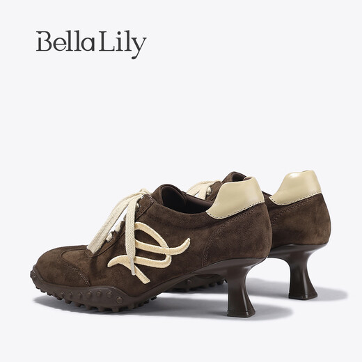 Bella Lily 2026 spring new European and American style high heels women's sheepskin moral training shoes retro niche casual shoes coffee color 35