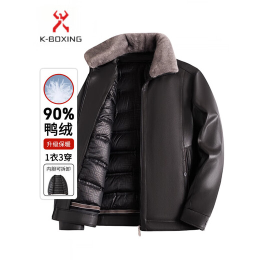 KBXNG Jinba leather down middle-aged and elderly men's removable lining leather jacket dad winter warm jacket casual men's black duck down lining-removable L 175 90-110 weight