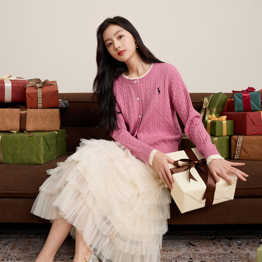 Sancai Ruochao plus size women's clothing 2026 spring new style fake two-piece knitted cardigan jacket cable embroidery fat mm cherry blossom pink M 160/88B