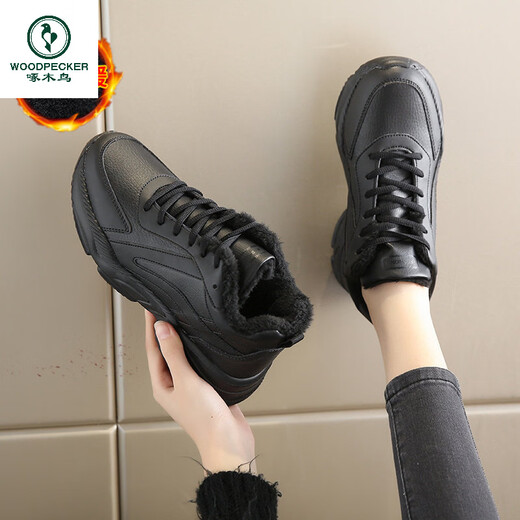 Woodpecker spring and autumn new black women's shoes leather waterproof casual travel shoes Korean version versatile thick sole non-slip dad shoes for women black leather 2288 36