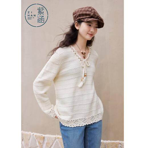 Zihan (ZIHAN) Zihan off-white V-neck strappy sweater for women 2026 spring new nomadic style hollow lace design sweater off-white XL