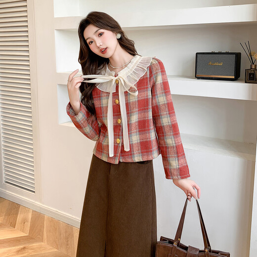 Ives (ITISF4) Spring Festival Sweet Temperament Jacket Spring Slimming Exquisite Ruffled Plaid Versatile Top Shirt Red Plaid S