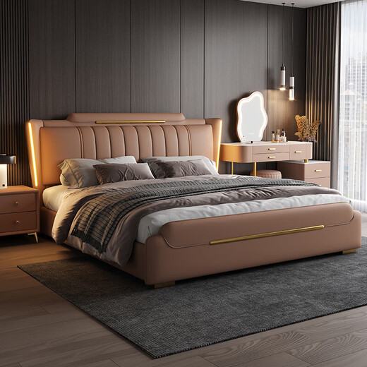 Jingxi Selected Italian Minimalist Modern Simple Leather King Bed 1.8m Double Bed High-end Soft Covered Wedding Bed Bed + T333 Fully Disassembled Latex Mat + 2 Cabinets + Delivery and Installation 1.8*2.0m Frame Structure - Upgraded Full Bed Board