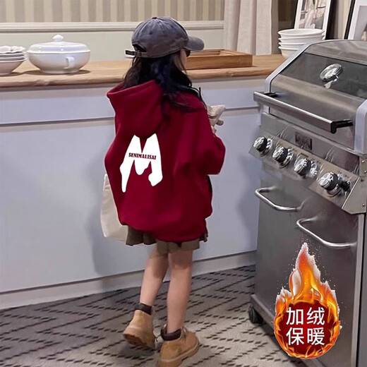 Wooden house red sweatshirt for girls, thickened and velvet, loose children's primary school class uniform, hooded cotton dance hiphop top, hooded burgundy M cat spring and autumn thin style 110 recommended height 100-110CM