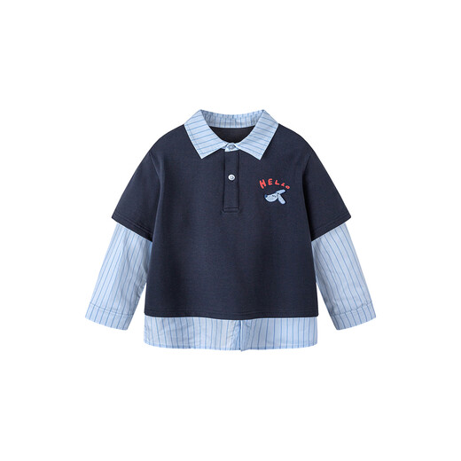 Mini Bala (minibala) boys and children fake two-piece long-sleeved T-shirt spring new soft and comfortable elastic college style top dark blue 80857 150