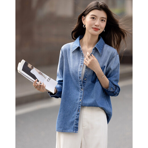 Demana Cloud Oxygen Cotton Spring Temperament Urban Lapel Gradient Shirt Loose Small Denim Shirt Women's Top