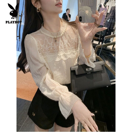 Playboy (PLAYBOY) new velvet French palace style loose beaded stitching lace trumpet sleeves stand-up collar shirt women's tops apricot regular style S