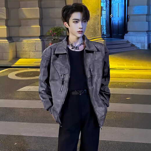 Корейская мужская элитная куртка, короткая модная брендовая винтажная американская кожаная куртка, красивая мотоциклетная куртка, весенне-осенняя серая M