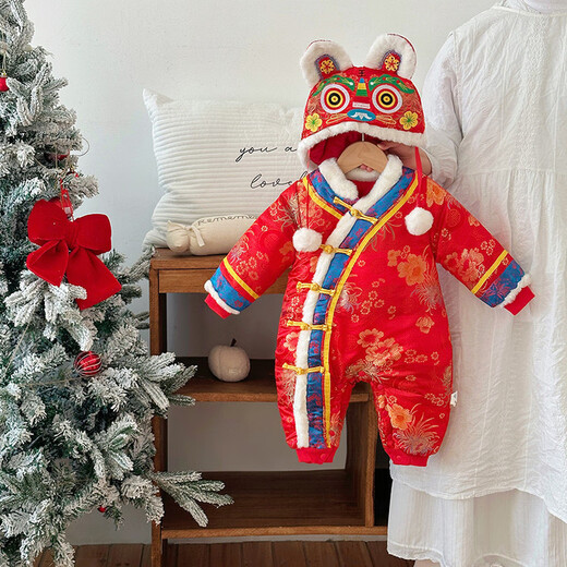 G.duck Little Yellow Duck Children's Wear Baby Weekly Clothes Thickened and Warm Winter Clothes Newborn Onesies Full Moon Chinese Style Romper Suit Red 90cm