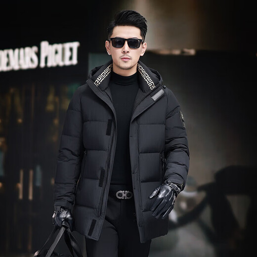 GUSKI luxury high-end brand down jacket men's winter new mid-length hooded white duck down warm casual jacket black - exquisite gift box M