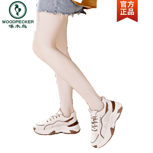 Woodpecker genuine leather dad shoes for women 2026 new spring all-match casual sports shoes soft sole breathable mesh women's shoes khaki (plus velvet) 38