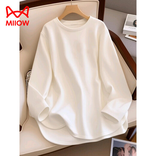 MiiOW European German velvet white bottoming shirt for women autumn and winter 2025 new inner wear covering buttocks German velvet long-sleeved T-shirt top trendy white WY-black M