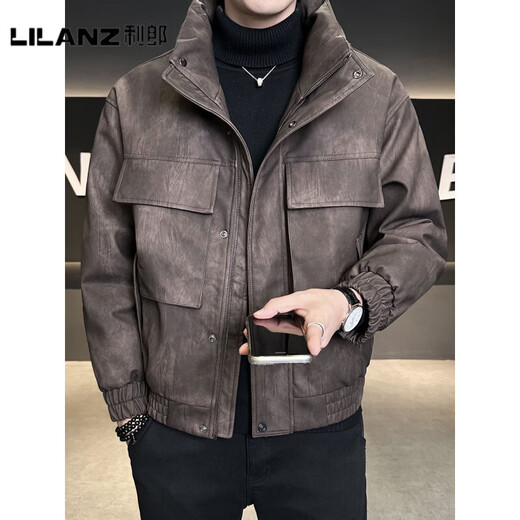 LILANZ official leather down jacket men's winter stand-up collar trendy brand 2025 new casual big pocket American retro thickened winter coat brown-flagship model M 100-130Jin Jin is equal to about 0.5 kg