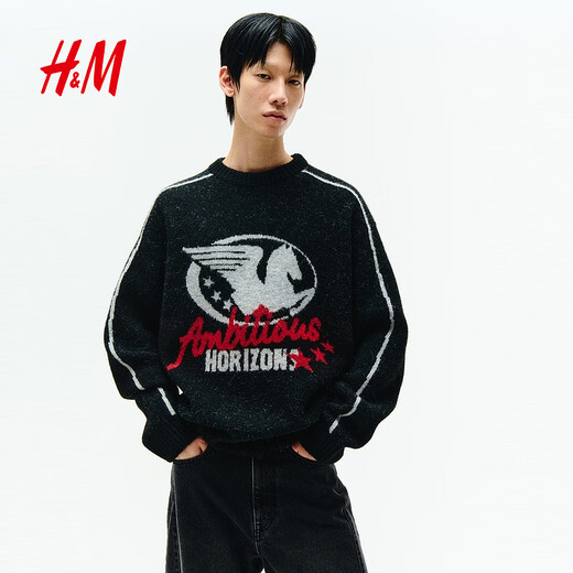 H&M New Year Series Men's Sweater Year of the Horse and Animal Year Loose Jacquard Knitted Pullover 1307984 Black/Ambitious Horizons XL 180/116