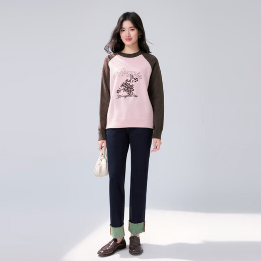 Qiushui Yiren Contrast Color Raglan Sleeve Embroidered Pullover Sweater 2025 Winter New Women's Versatile Round Neck Sweater Flesh Pink S