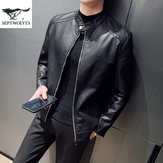 Septwolves Recommended by Yangma Spring and Autumn Thin Stand Collar Simple Large Size Casual Slim Leather Jacket Men's Fashion Velvet Motorcycle PU Black Thin M _Recommended 100-110 Jin Jin equals 0.5 kg